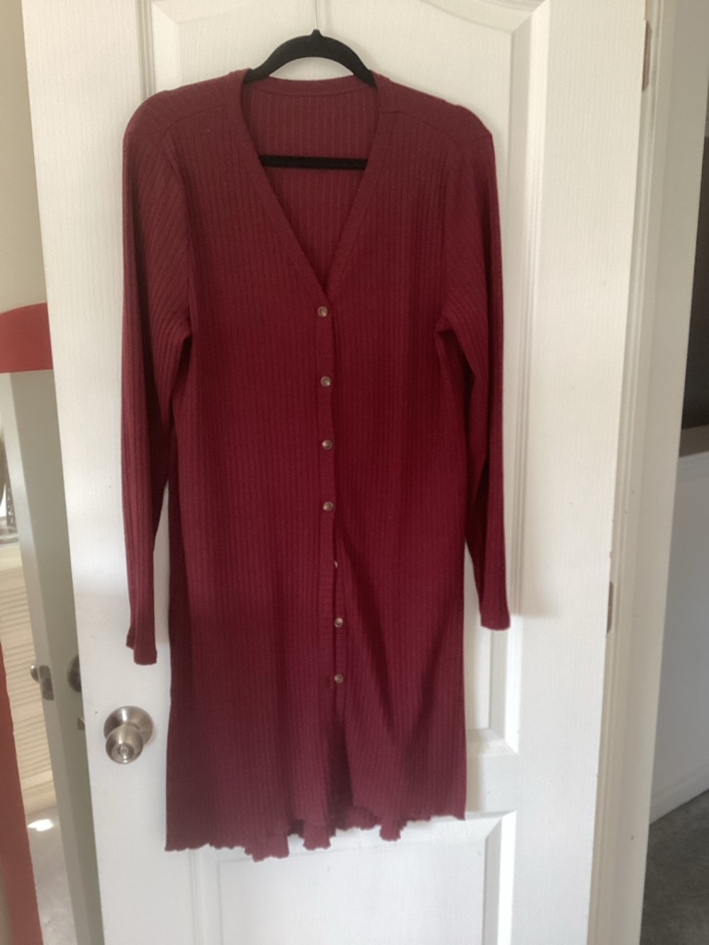 Long Ribbed Button-Front Cardigan in Burgundy